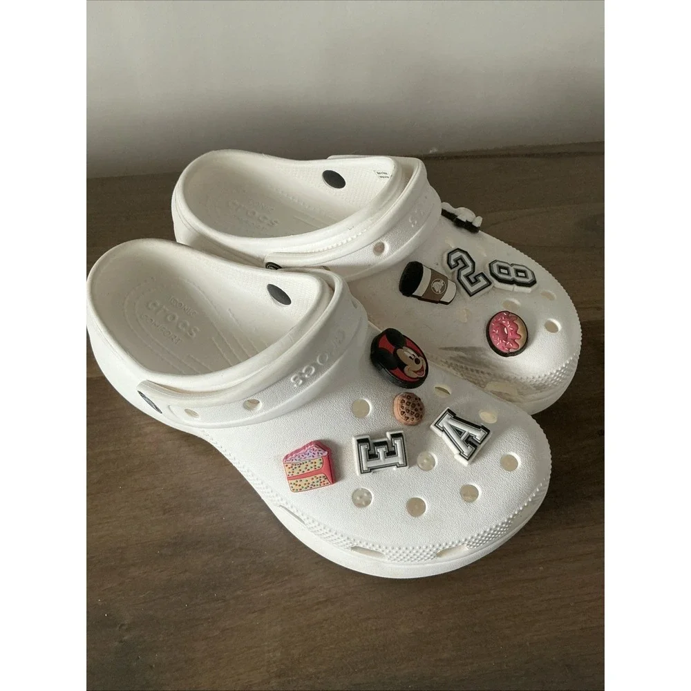 Crocs STOMP PLATFORM CLOGS White Shoes - Size 8 Iconic Comfort Disney Charms
